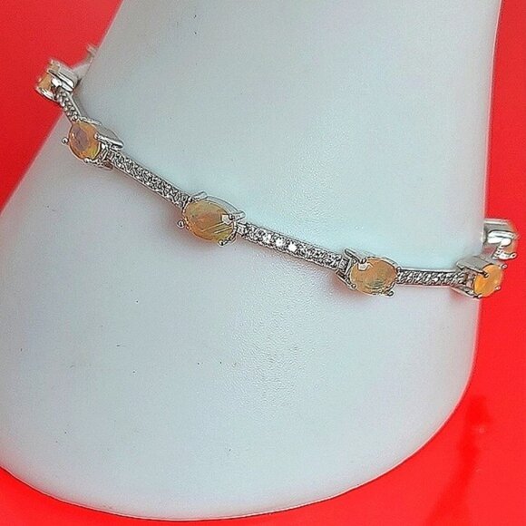 Natural Fire Opal Rainbow 6x4mm & Cz‎ 925 Sterling Silver Bracelet 7" - Picture 3 of 6